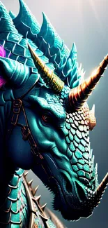 Fantasy dragon with teal scales and vibrant horns in stunning artwork.