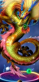 Golden dragon with vibrant colors on a fantasy-themed mobile wallpaper.