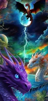 Vibrant fantasy landscape with dragons.