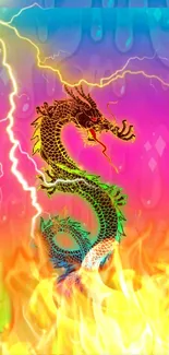 Vibrant dragon with fire and lightning in colorful background.