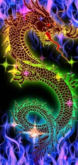 Rainbow dragon wrapped in blue flames wallpaper.