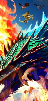 Vibrant dragon with fiery flames and colorful scales on mobile wallpaper.