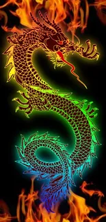 Vibrant dragon with colorful flames on black background.