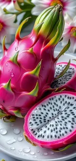 Vibrant dragon fruit on a plate with flowers.