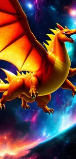 Vibrant orange dragon soaring in a colorful galaxy scene.