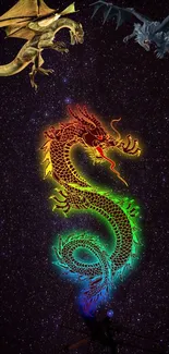 Vibrant dragon with colorful glow against a starry galaxy background.