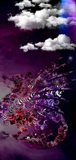 Mystical dragon in a purple galaxy with clouds and vibrant colors.