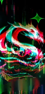 Vibrant neon dragon glitch art in dynamic colors on black background.