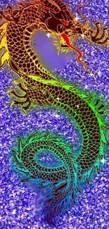 Vibrant dragon with glittery purple background on mobile wallpaper.