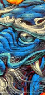 Vibrant graffiti dragon artwork in blue and bright colors.