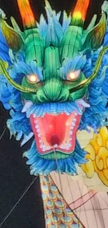 Vibrant dragon head with glowing eyes and colorful scales.