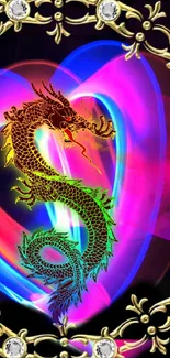 A vibrant dragon with a neon heart and gold border wallpaper.