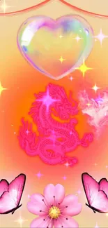 Pink dragon with heart and butterflies in vibrant mobile wallpaper.