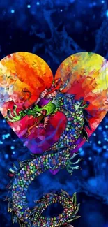 Vibrant colorful dragon with heart on blue abstract background.