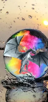 Colorful dragon inside a bubble with sunset background.