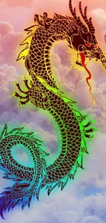 Colorful dragon on pastel clouds mobile wallpaper.