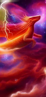 Majestic dragon flying through vibrant cosmic clouds and lightning.