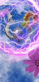 Powerful dragon with lightning in a cloudy sky, accented with a pink flower.