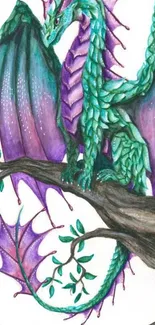 Vibrant dragon perched on tree with purple wings, fantasy art.