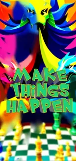 Vibrant dragon artwork with chessboard and 'Make Things Happen' text.