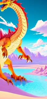 Fiery orange dragon in a vibrant, colorful landscape with mountains and a lake.