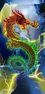 Colorful dragon with lightning amidst stormy clouds on mobile wallpaper.