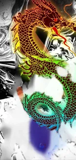 Vibrant dragon on abstract black and white background mobile wallpaper.