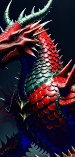 A vibrant dragon with red and green scales in a dynamic mobile wallpaper design.