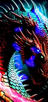 Vibrant dragon with teal and pink lightning on a dark background.