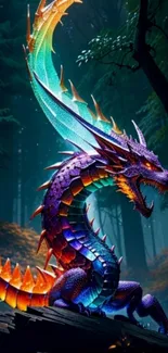 Vibrant dragon in mystical forest setting with colorful scales.