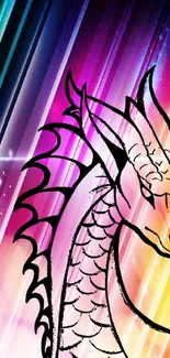 Vibrant dragon outline on rainbow background.