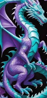 Vibrant dragon with turquoise and purple scales on a dark background.