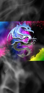 Colorful and dynamic dragon design with metallic elements on a vibrant background.