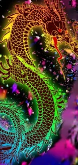 Vibrant dragon artwork with colorful cosmic stars on a black background.