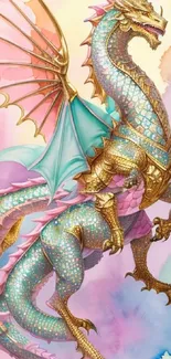 Vibrant dragon on a pastel rainbow background, mobile wallpaper.