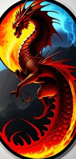 Vibrant red dragon with flames and mystical background.