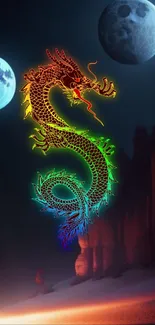 A vibrant rainbow dragon under a moonlit sky with two moons and rugged cliffs.