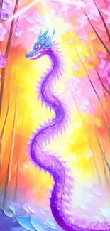 Vibrant purple dragon in a colorful mystical forest.