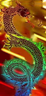 Vibrant neon dragon in red and yellow hues on mobile wallpaper.