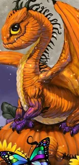 Orange dragon sitting on a pumpkin with a butterfly, against a moonlit sky.