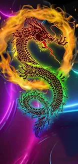 Vibrant dragon surrounded by colorful flames on a dark background.