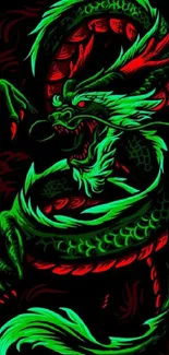 Neon green and red dragon design on black background.