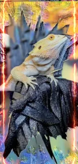 Vibrant bearded dragon on textured background.