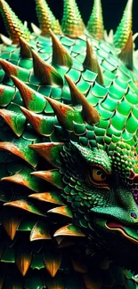 Vibrant green dragon scales with sharp spikes depicting a fantasy design.