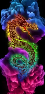 Colorful dragon with swirling smoke on a black background.