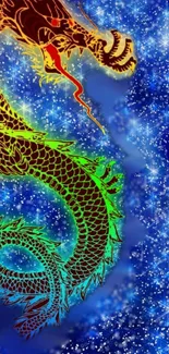 Colorful dragon against a starry cosmic background.