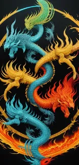 Vibrant dragons spiraling on dark background mobile wallpaper.