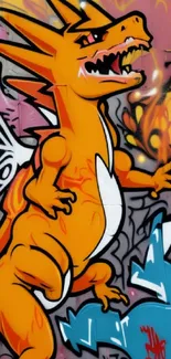 Vibrant orange dragon with graffiti art on a colorful background.