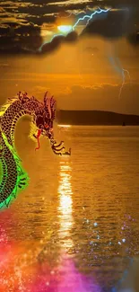 A vibrant dragon with a sunset background, set over calm ocean waters.