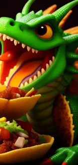 Green dragon with tacos on a vibrant, fiery background.